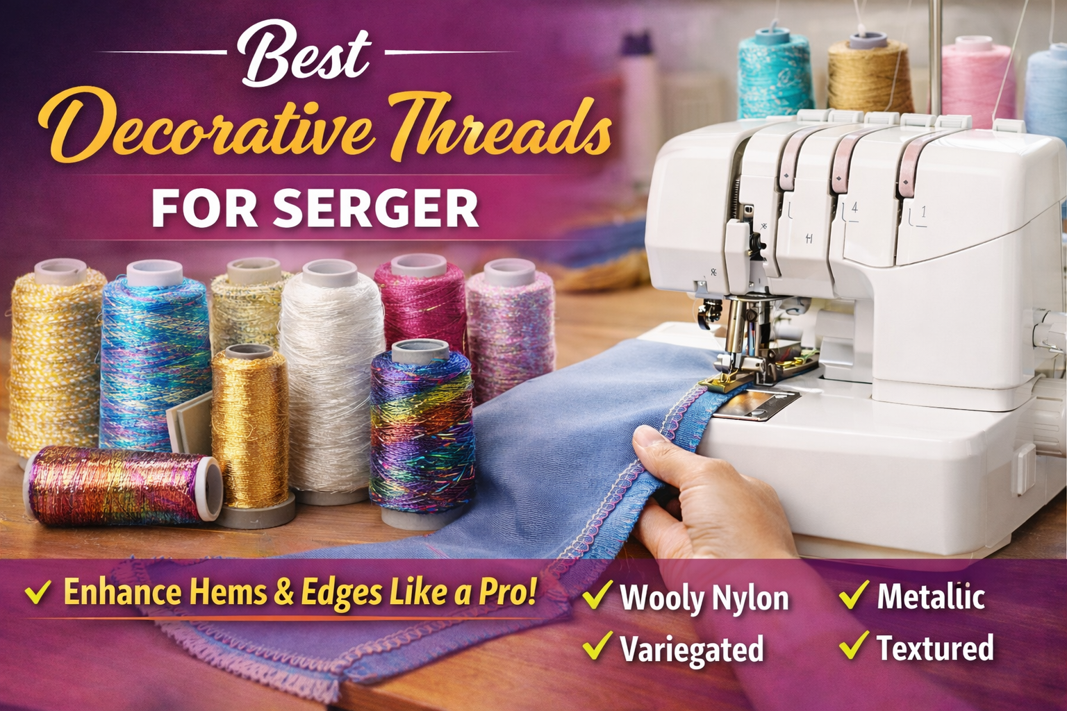 Best decorative serger threads on an overlock machine stitching blue fabric